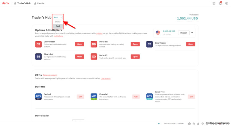 ডেমো এবং Deriv ব্রোকারের সাথে আসল অ্যাকাউন্ট