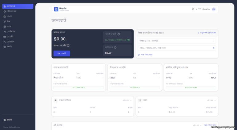 Binolla ব্রোকার অ্যাফিলিয়েট প্রোগ্রামের প্রধান পৃষ্ঠা