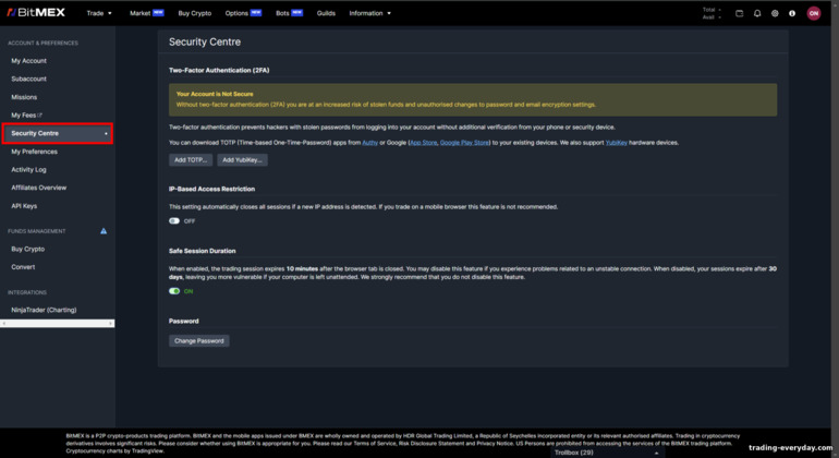 BitMex অ্যাকাউন্ট নিরাপত্তা সেটিংস